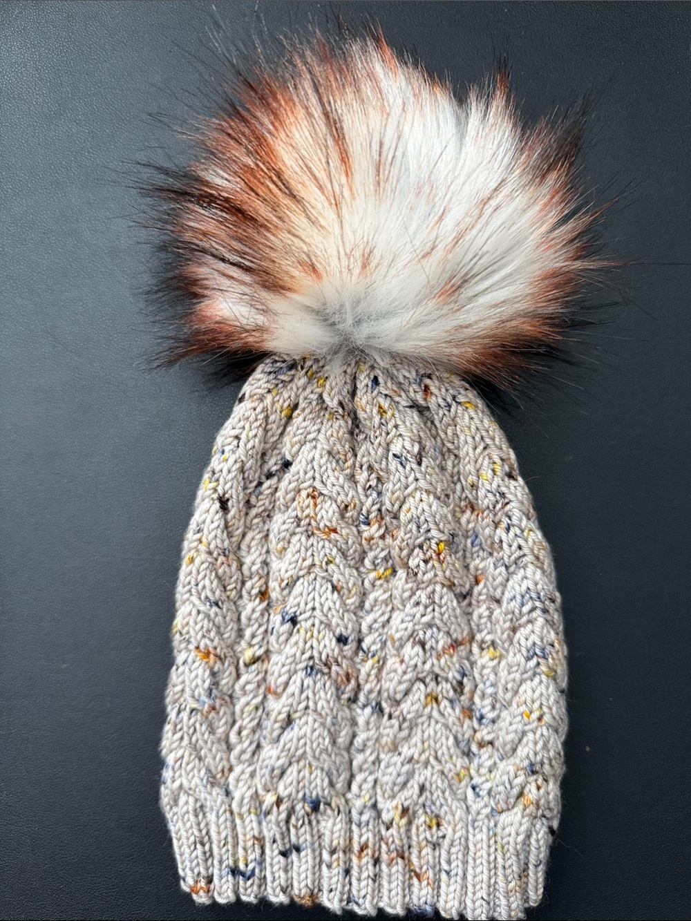 Cream Cable Knit Beanie with Faux Fur Pom
